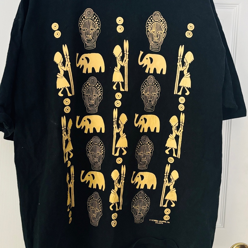 Jerzees World Class Black Cotton Tee Men XL 1990’s African Print,Mud Print Co